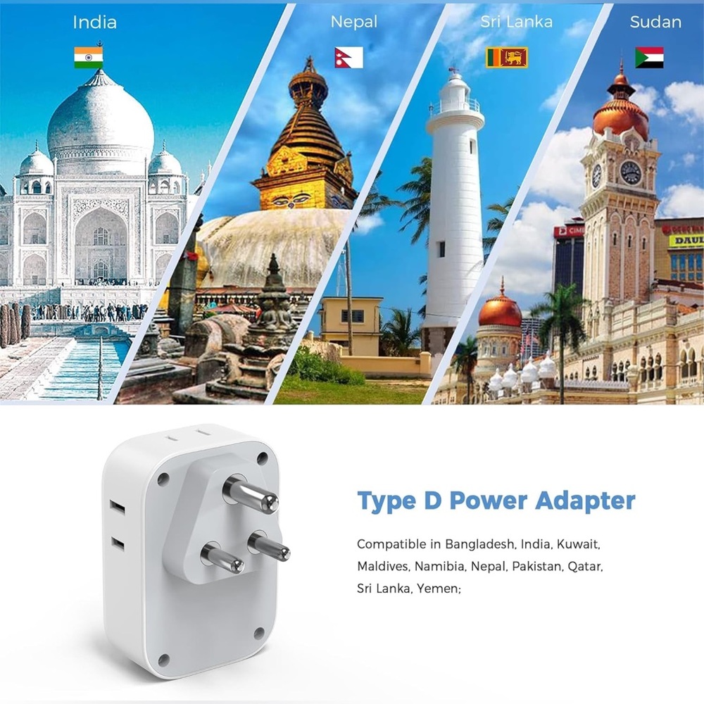 US to India Plug Adapter 2 Pack, TESSAN Adapter with 4 Outlets 3 USB Charger - Picture 6 of 13